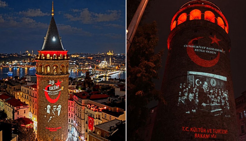 Cumhuriyet'in 103 yıllık ışığı Galata Kulesi'ni aydınlattı